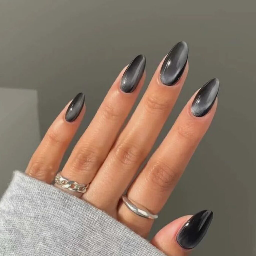 Minimalist black and silver velvet nails