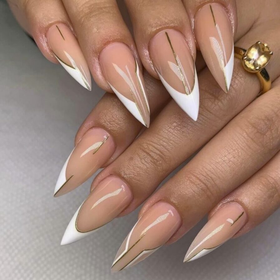 soft geometric line art on nude base nails