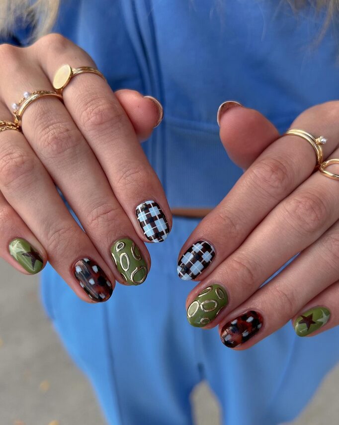 short nails with blue plaid, olive green accents, and abstract designs