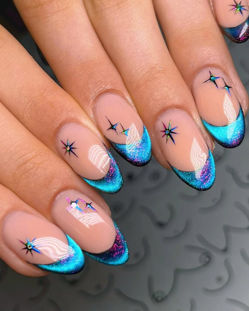 Shifting multi chrome star French nails