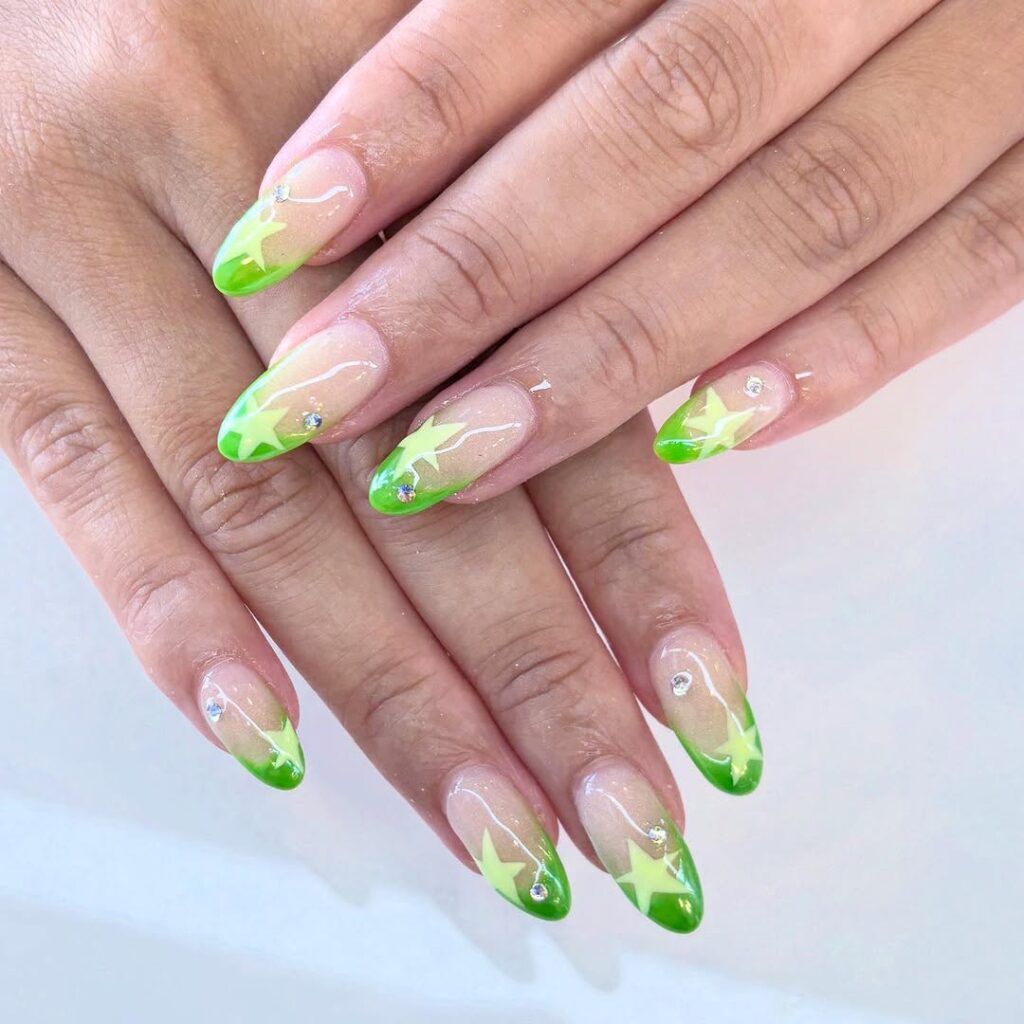 Bright neon lime green nails with stars