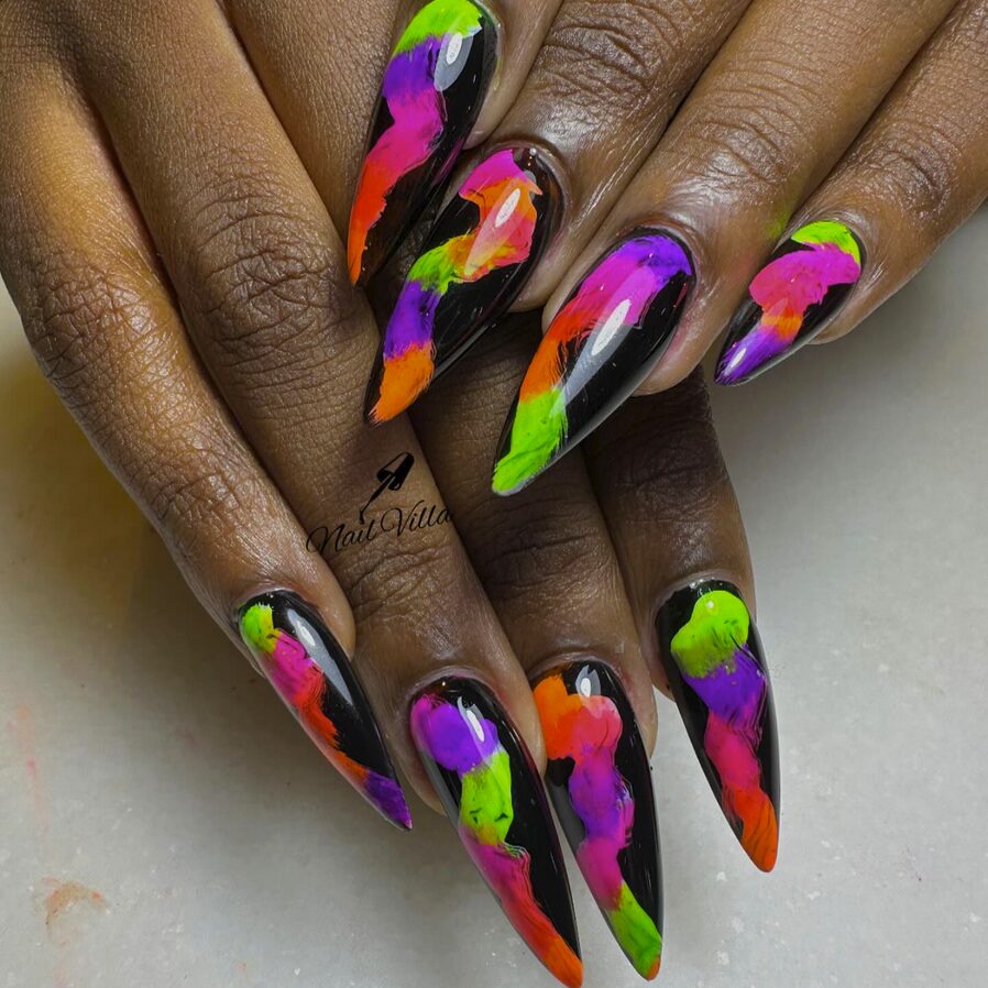 neon color manicure on pointy nails