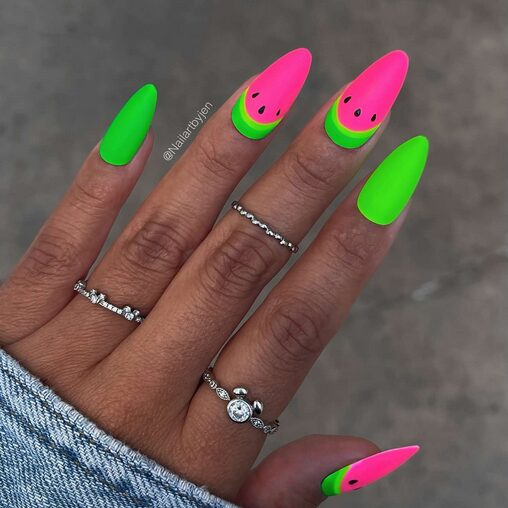 Neon pink and green matte nails with watermelon slice tips