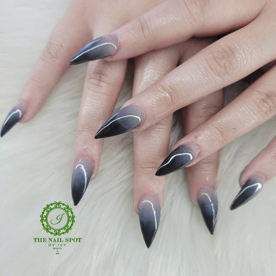 black and gray ombre nails on pointed tips