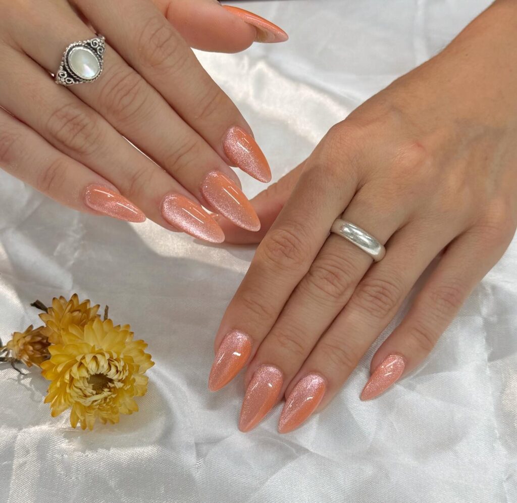 Pastel tangerine orange silver halo nails