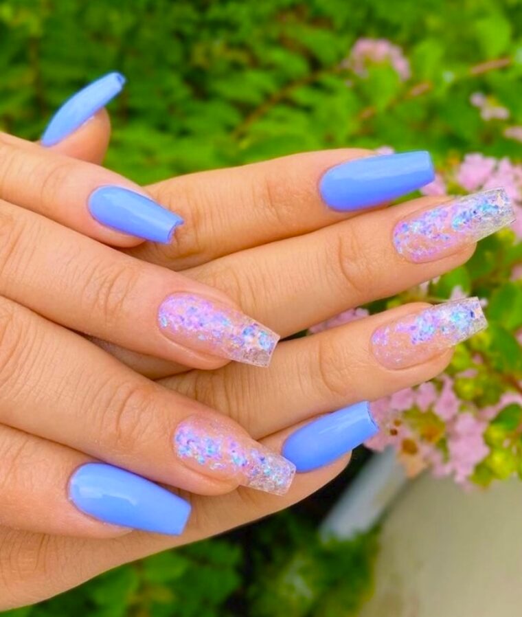 periwinkle nails with iridescent glitter accent nails
