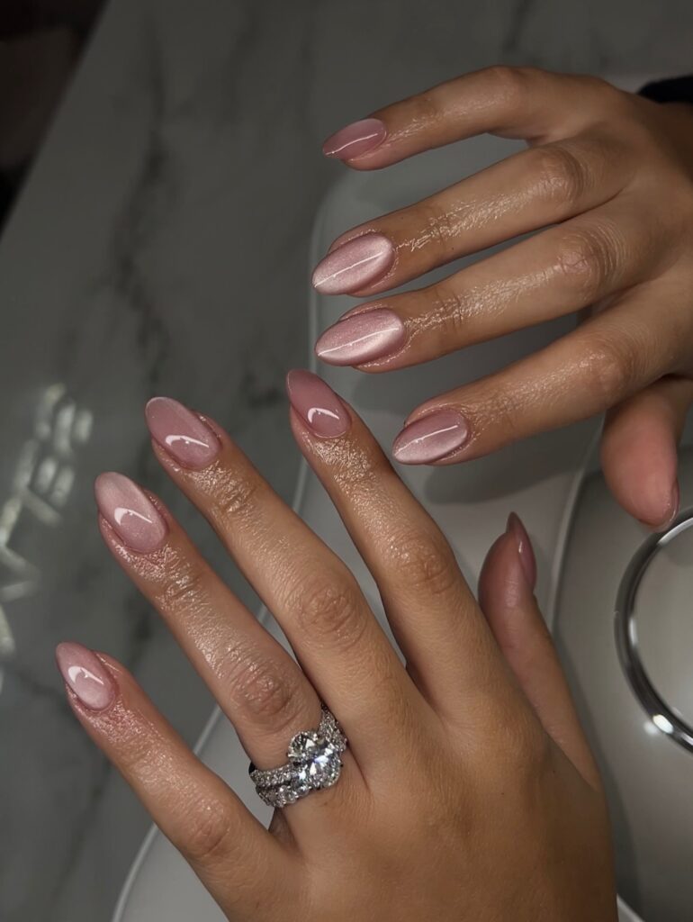 Rose quartz pink bridal aura glow nails