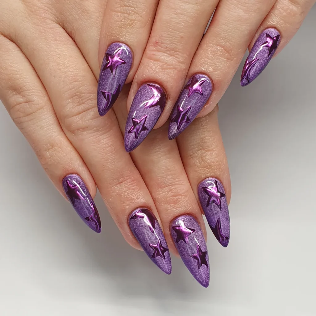 Amethyst purple nails with chrome stars