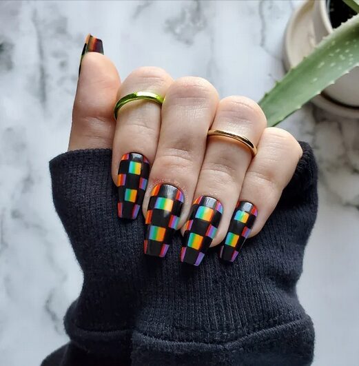Long nails with bold rainbow checkered plaid pattern