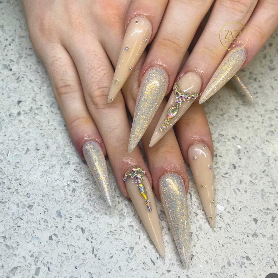nails with tiny diamonds on pointed nails