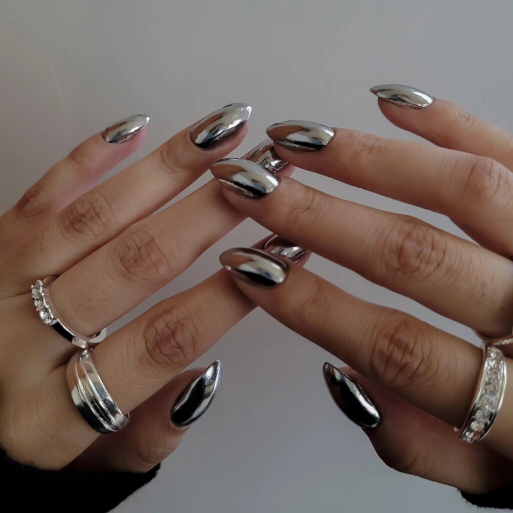 silver chrome almond nails