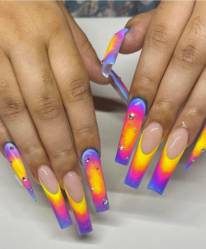 Neon ombre nails with long coffin tips
