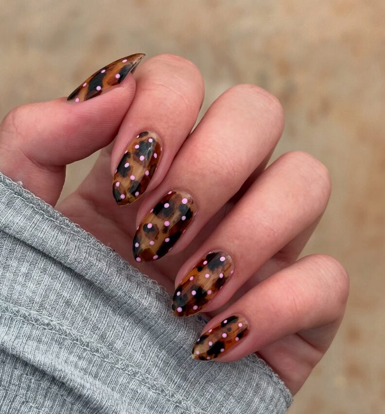 Tortoise shell nails with pink dotted accents