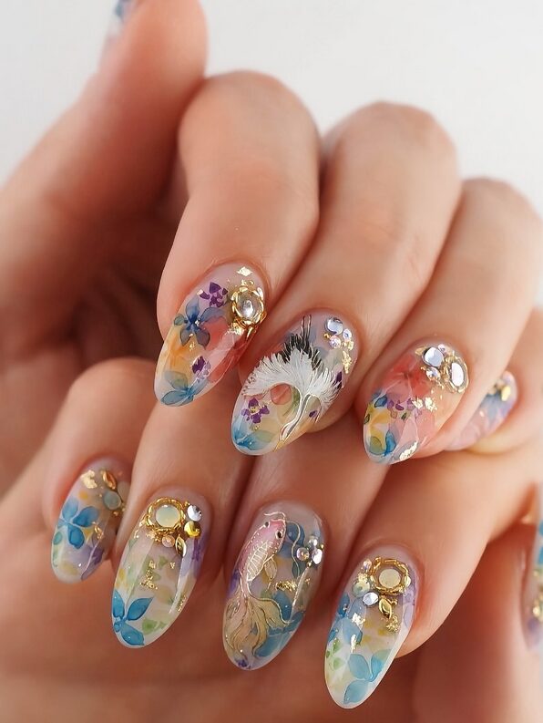 Japanese-style nails with koi fish, floral art, and gold embellishments
