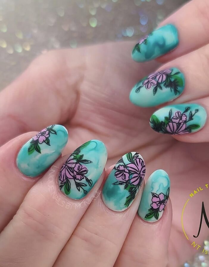 watercolor nails with hand-painted pink floral designs