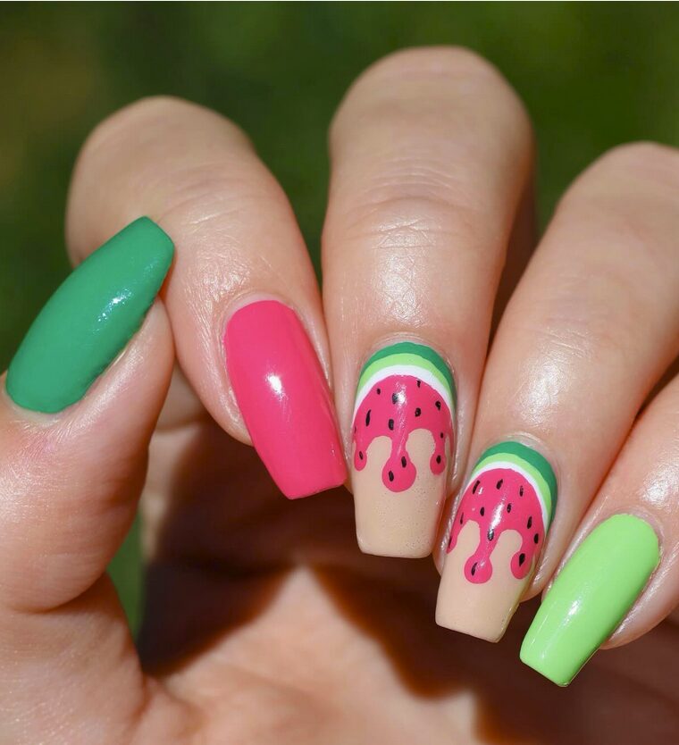 Green, pink, and nude nails with dripping watermelon slice