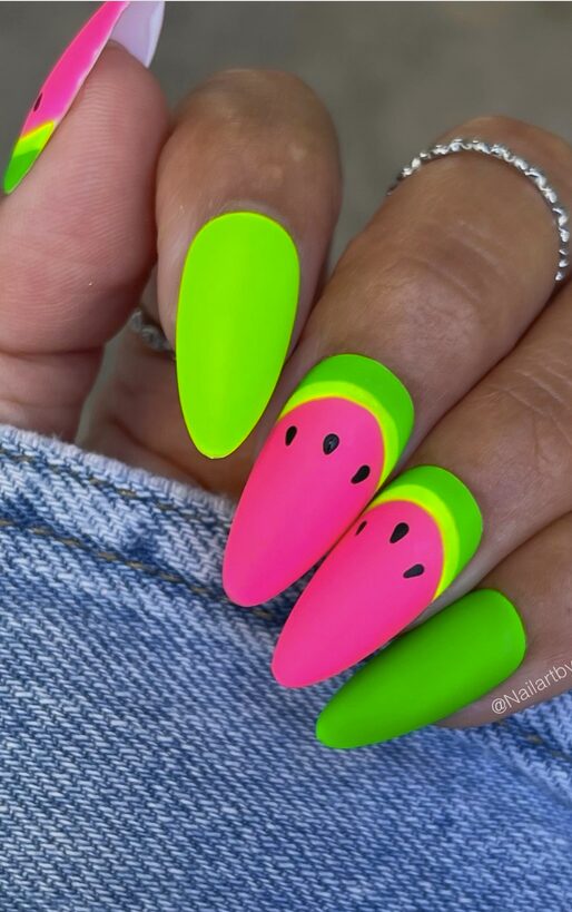 Neon green and pink nails with matte watermelon slice designs