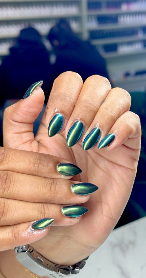 emerald green chrome nails