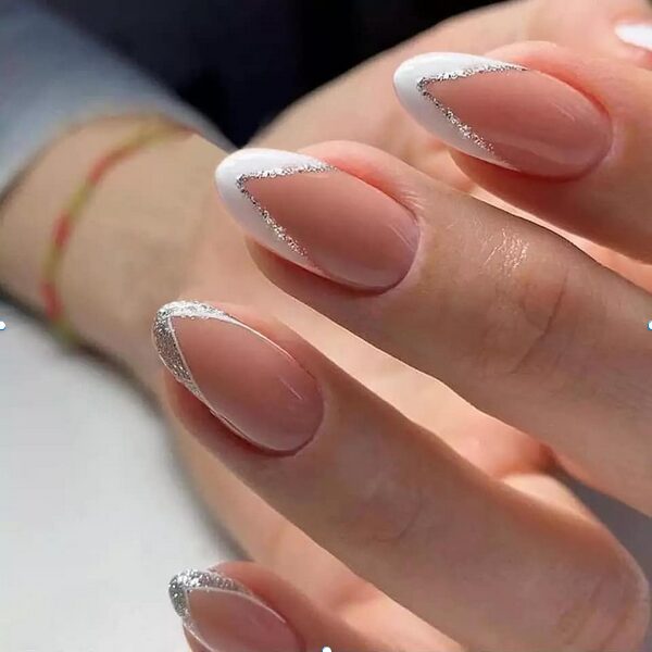 french tip nails with sliver glitter