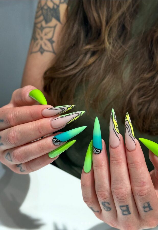 neon green stiletto nails