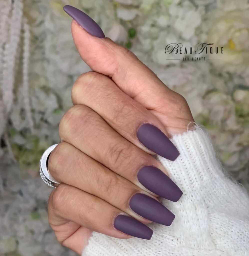 Long nails in a muted plum shade with a smooth matte finish