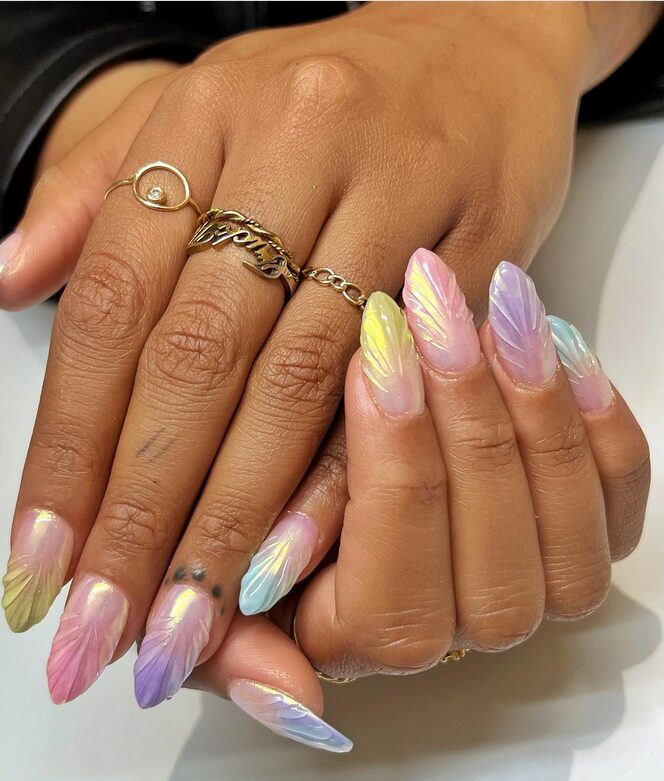 Pastel 3D shell nails in soft rainbow colors