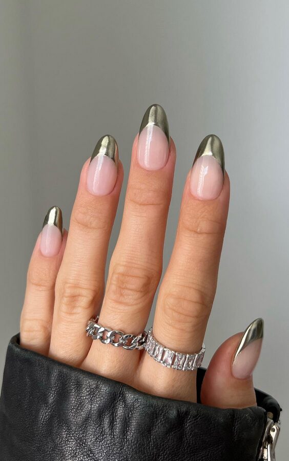 nails with silver chrome French tips