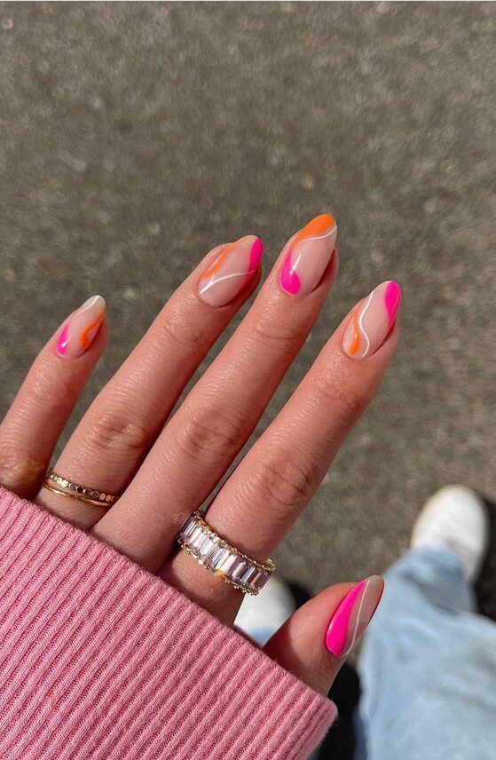neon pink and orange color block manicure