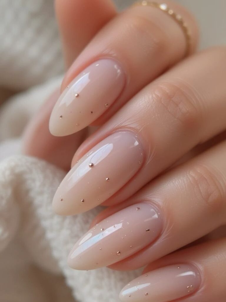 nude manicure with gold studs