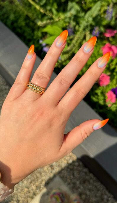 Nails with chrome metallic orange finish