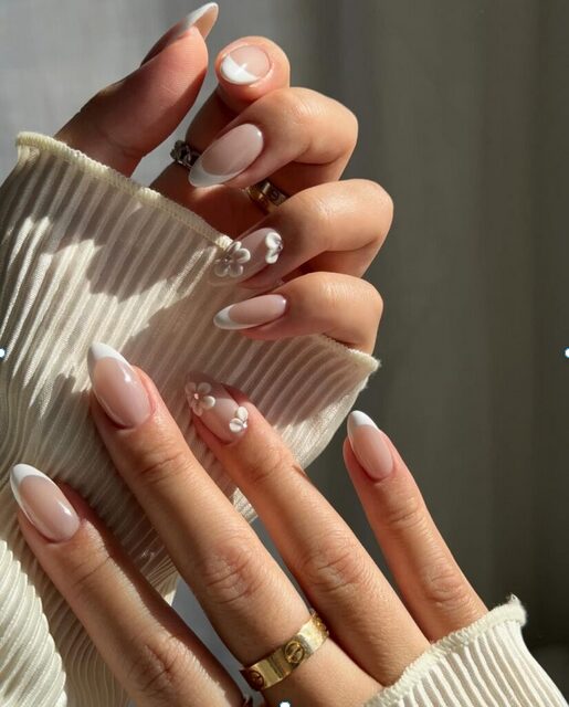 spring neutral nail art on pointed nails