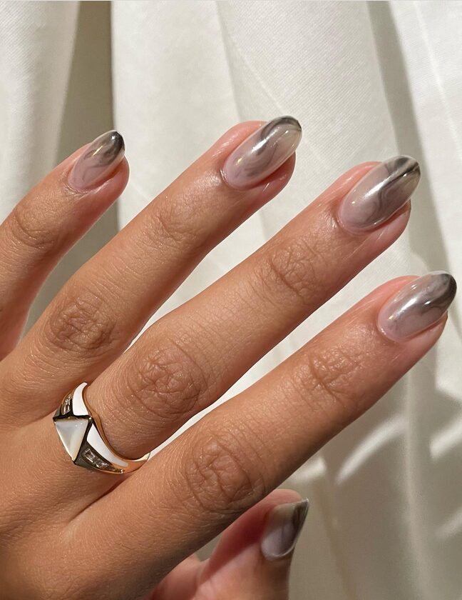 nails with a soft smokey chrome effect