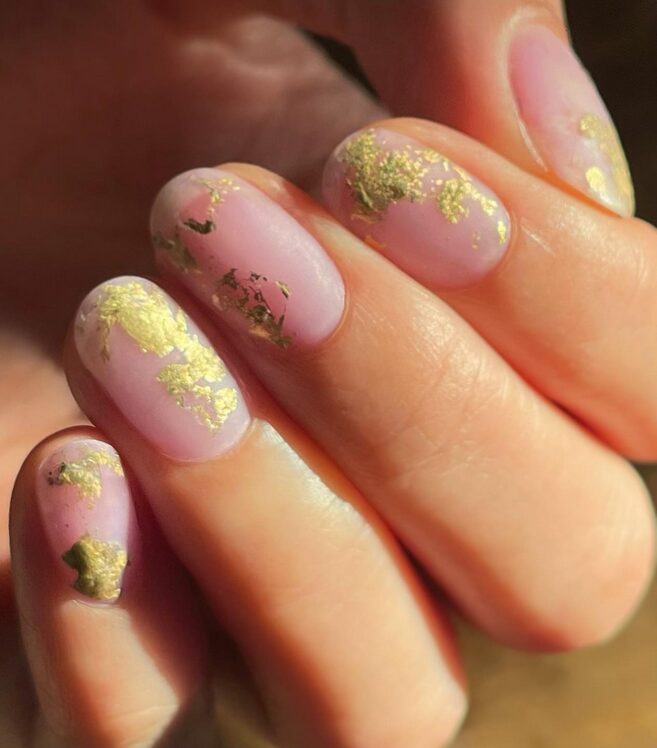 Gold Foil Nails on sheer nude base