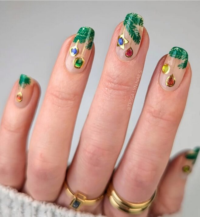 Nude nails with minimalist Christmas tree art
