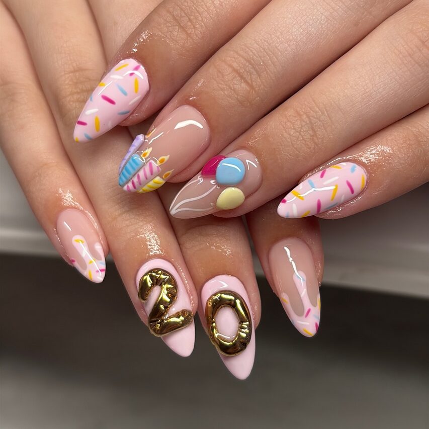 colorful birthday nails with sprinkles, pastel balloons, birthday candles