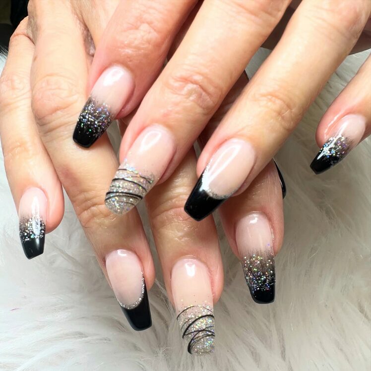 Black-to-silver ombre nails