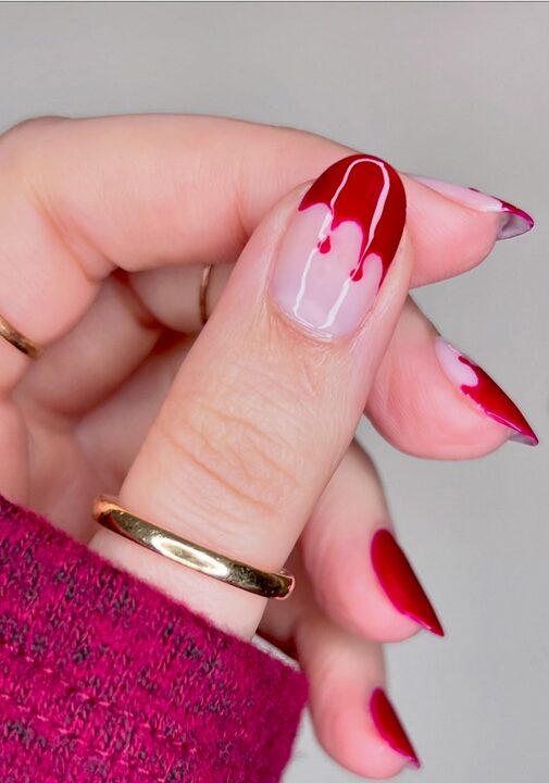 Nude nails with red blood drip Halloween nail art
