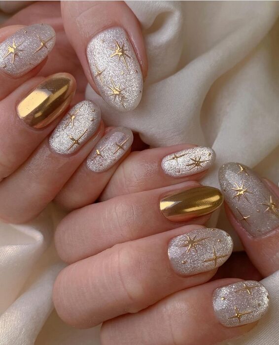 Champagne glitter nails, subtle warm festive manicure