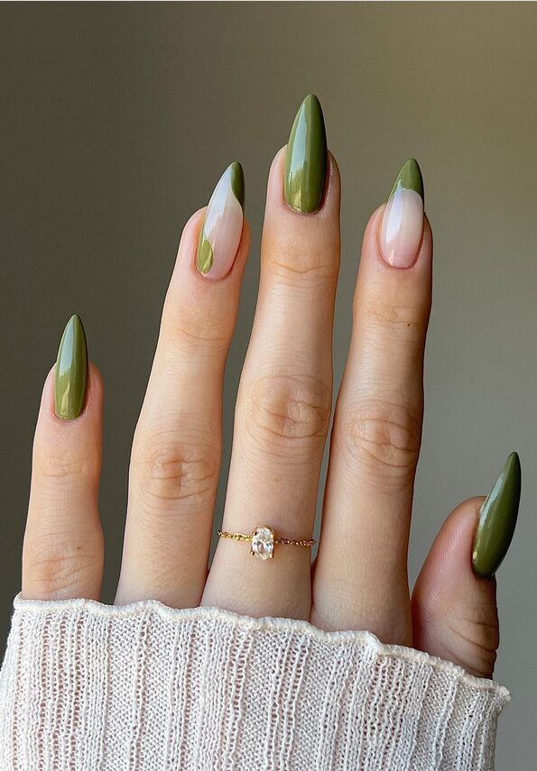 olive green fall nails with glossy shine