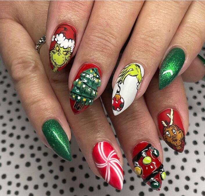 green and red Christmas ornament nail art with festive details