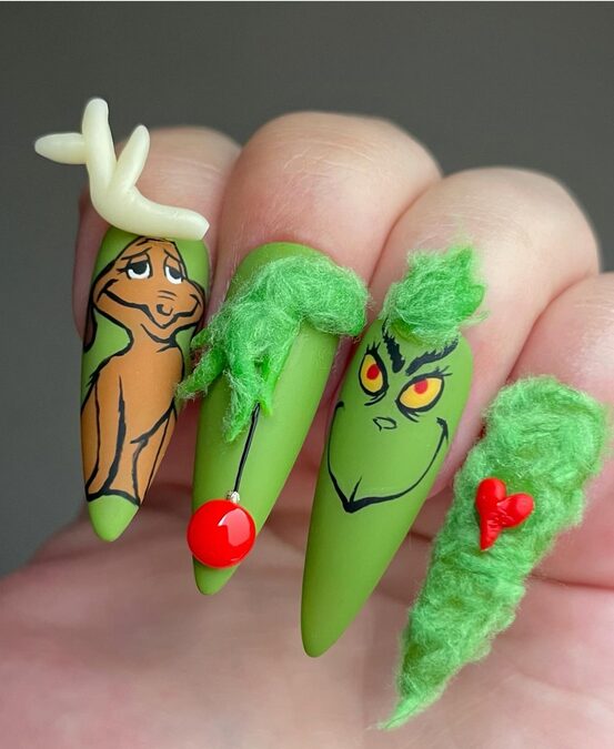 Fuzzy velvet-textured nails inspired by green fur texture
