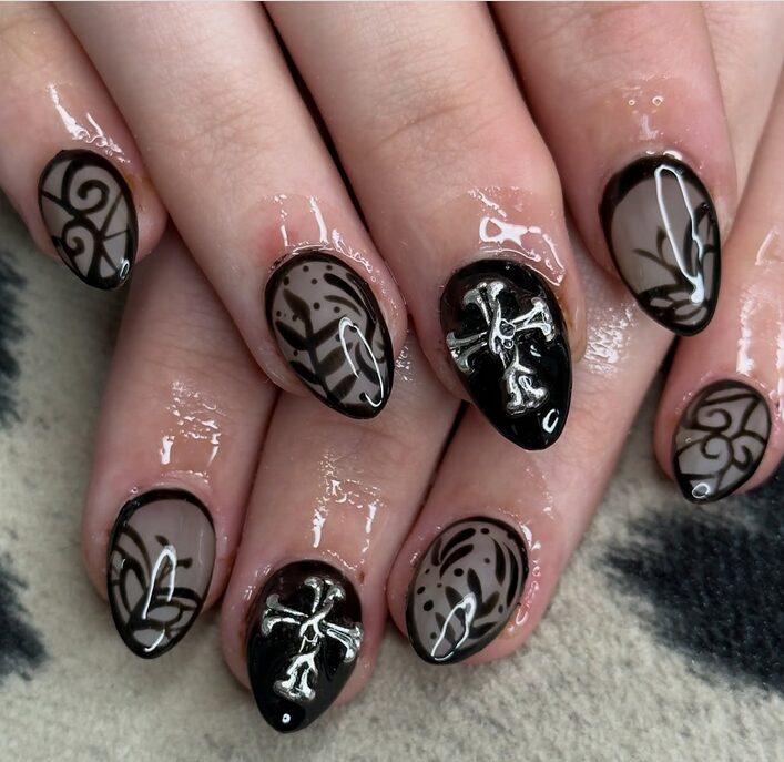 Lace nail art in black