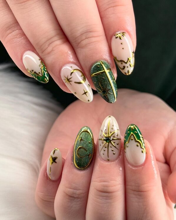 Green and gold Grinch-inspired nails with glittery accents
