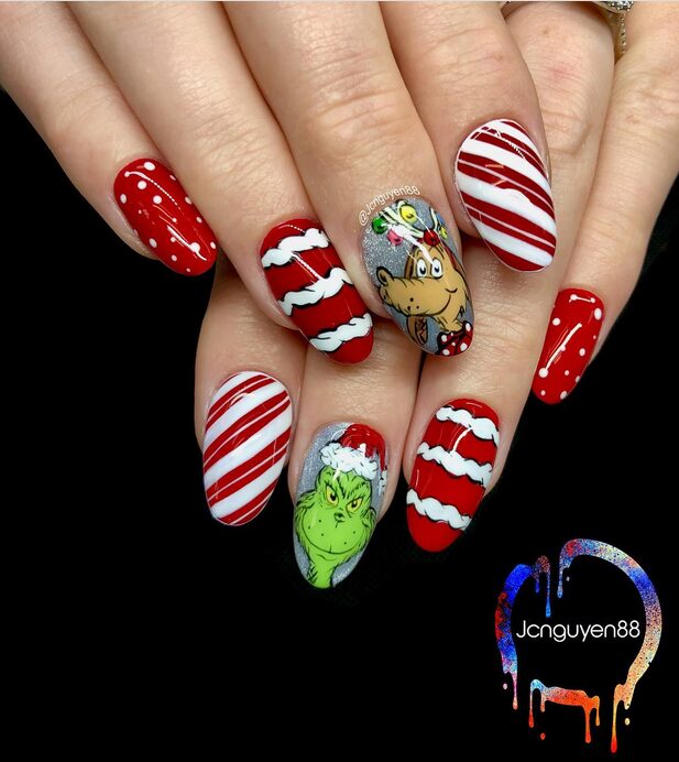 Grinch and Max cartoon nail art with Christmas theme