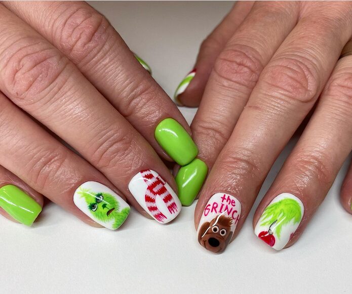 Hand-painted Grinch face nails