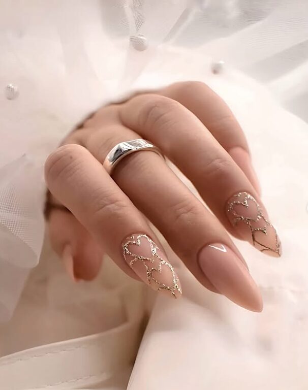 nude nails with thin white heart outlines