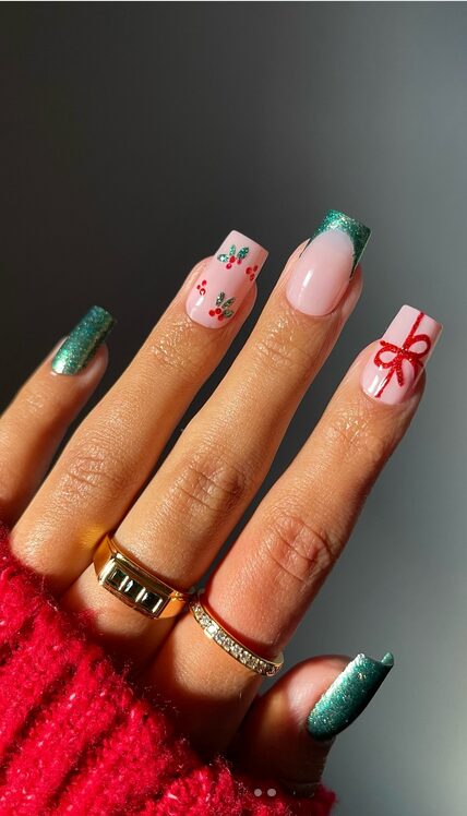 nude nails with holly berry designs