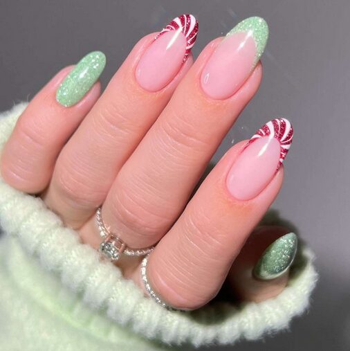 red & mint green sparkly candy cane manicure