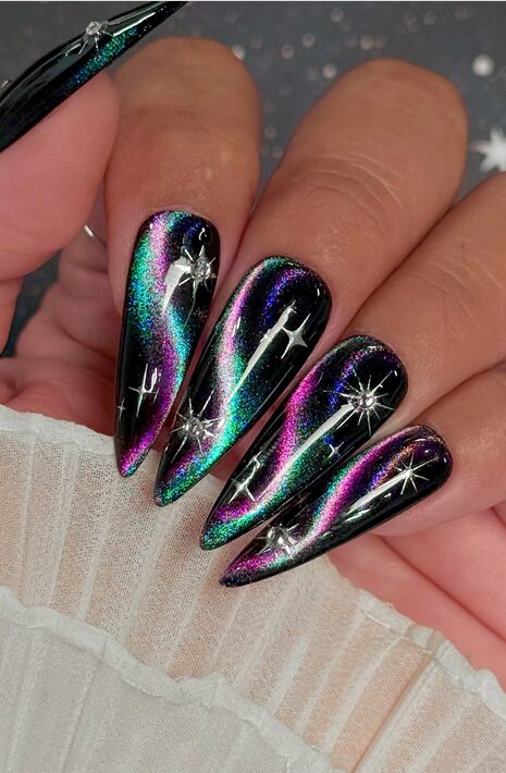 galaxy black & purple color shifting cat eye nail design