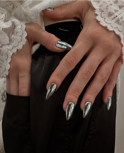 Metallic silver nails with mirror-like chrome finish